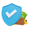 a 3D shield that is blue with a tick on it, protecting a brown wallet with cash and coins